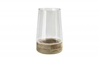 Świecznik szklany 30,5 cm drewniana podstawa JK0245
