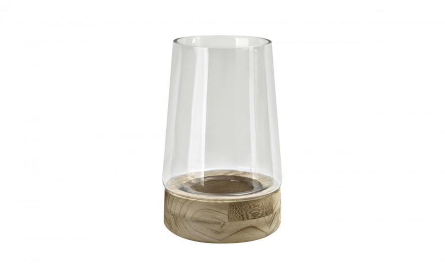 Świecznik szklany 30,5 cm drewniana podstawa JK0245
