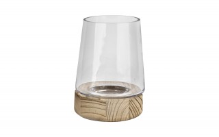 Świecznik szklany 19 cm drewniana podstawa JK0244