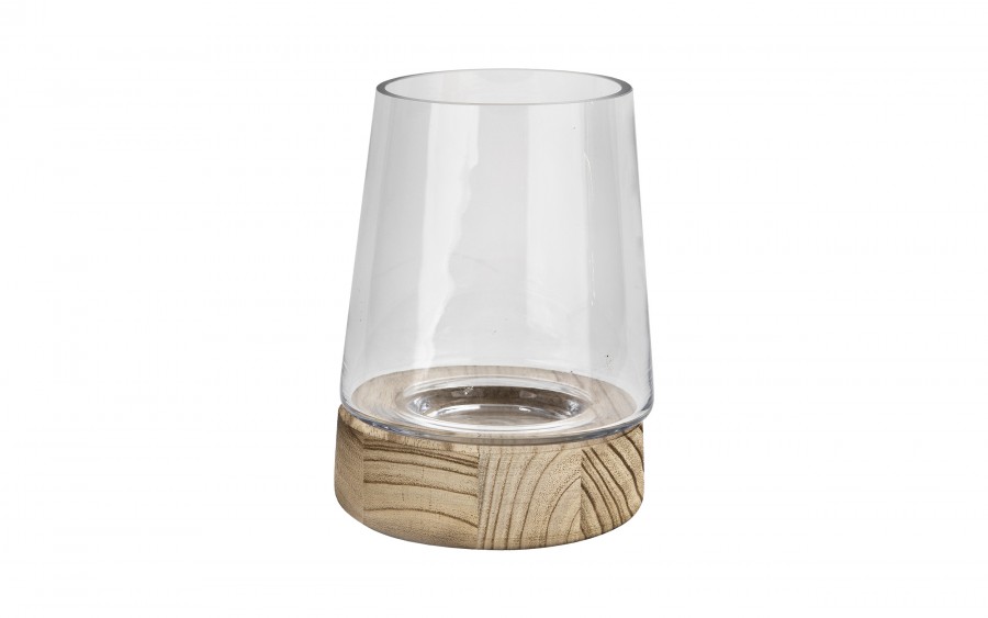 Świecznik szklany 19 cm drewniana podstawa JK0244