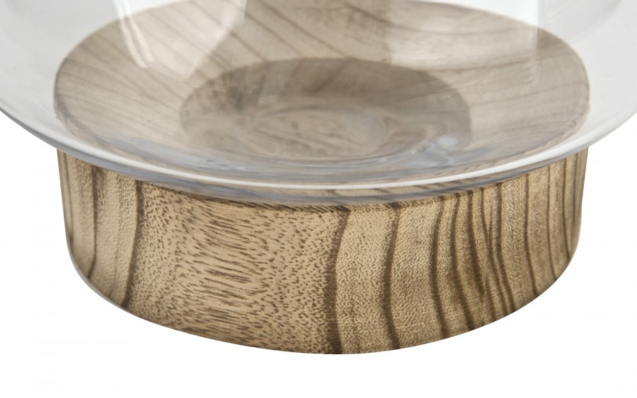 Świecznik szklany 16 cm drewniana podstawa JK0239