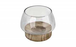 Świecznik szklany 16 cm drewniana podstawa JK0239