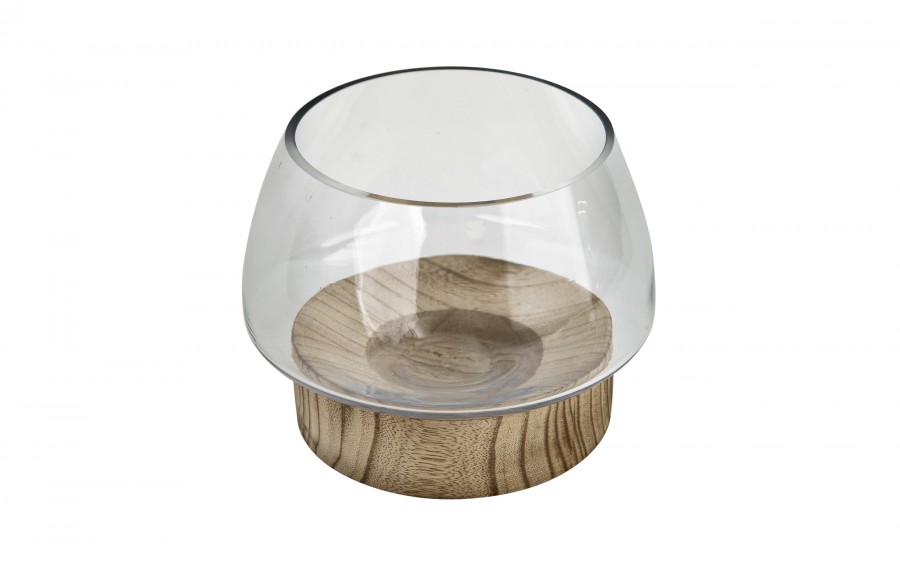 Świecznik szklany 16 cm drewniana podstawa JK0239