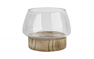 Świecznik szklany 16 cm drewniana podstawa JK0239