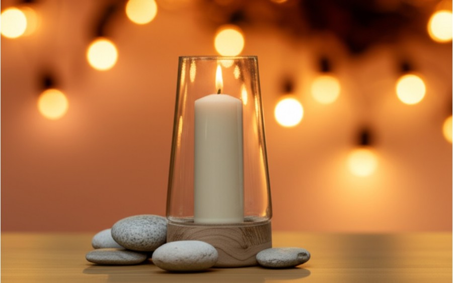 Świecznik szklany 30,5 cm drewniana podstawa JK0245