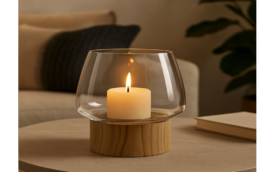 Świecznik szklany 16 cm drewniana podstawa JK0239