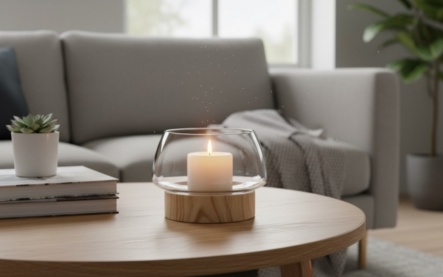 Świecznik szklany 16 cm drewniana podstawa JK0239