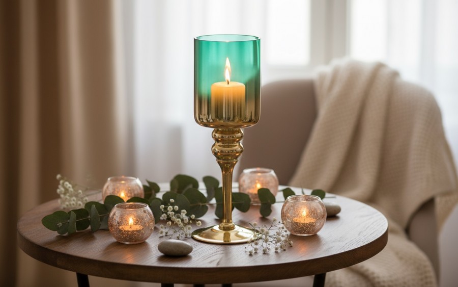 Świecznik szklany złoto - zielony 30 cm JK0190