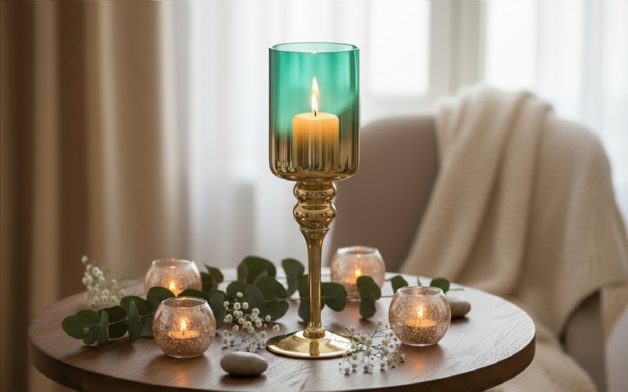 Świecznik szklany złoto - zielony 35 cm JK0190