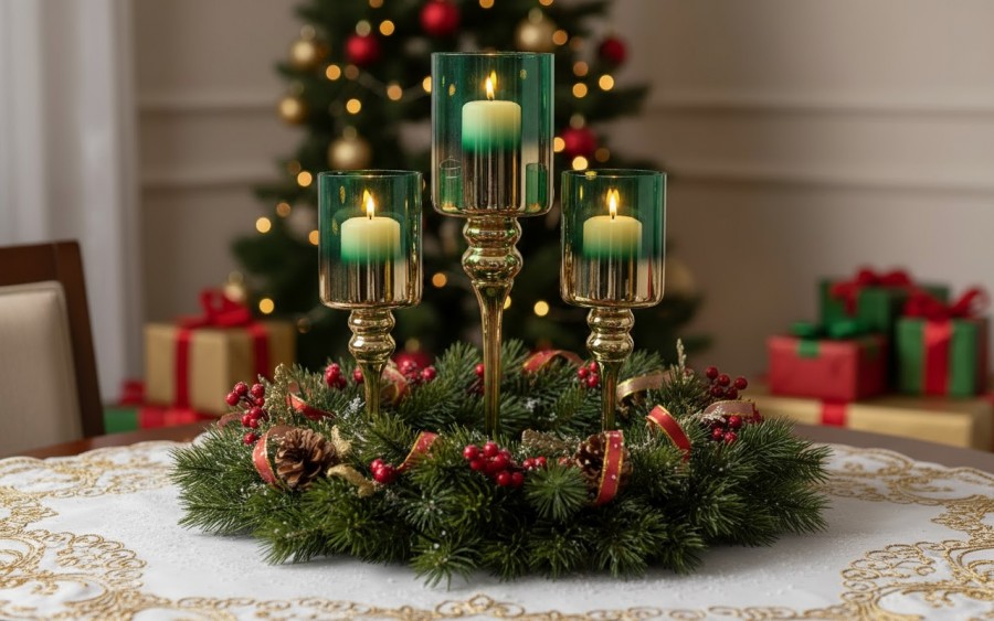 Świecznik szklany złoto - zielony 30 cm JK0190