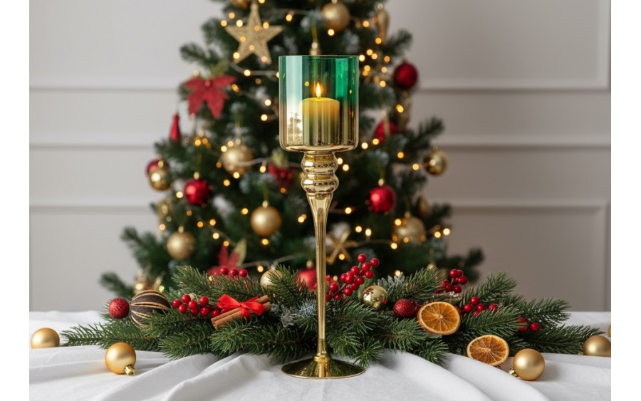 Świecznik szklany złoto - zielony 40 cm JK0190