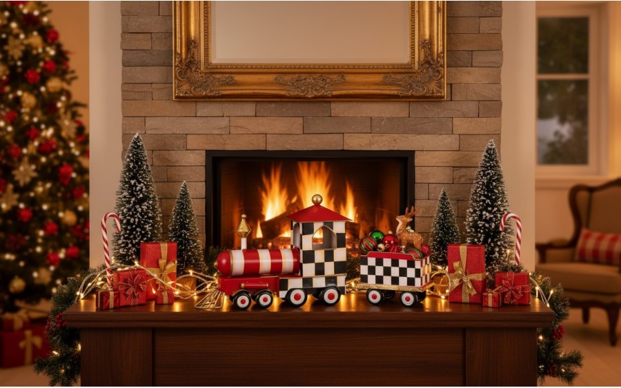 Duża Ozdoba metalowa Czerwony pociąg 62 cm