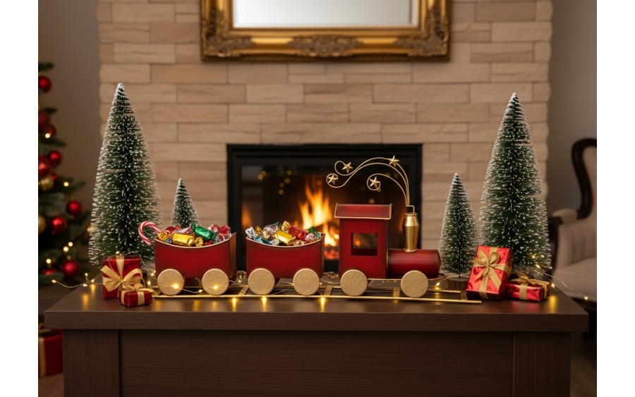 Duża Ozdoba metalowa Czerwony pociąg z wagonami 60 cm