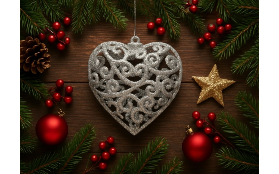 6x Bombka srebrna serce