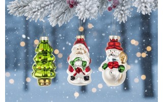 Komplet 3 bombek szklanych 147163 Mikołaj Choinka Bałwan