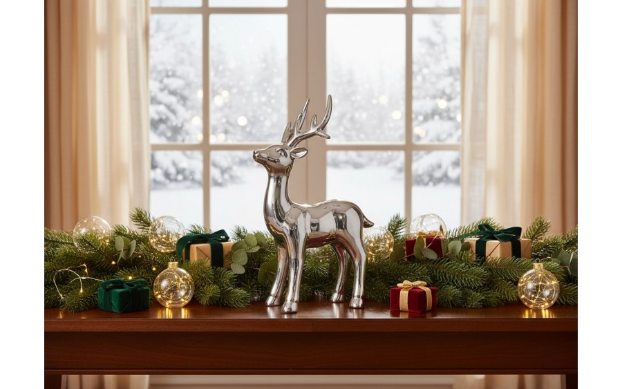 Figurka ozdobna Renifer 24 cm srebrny ceramiczny