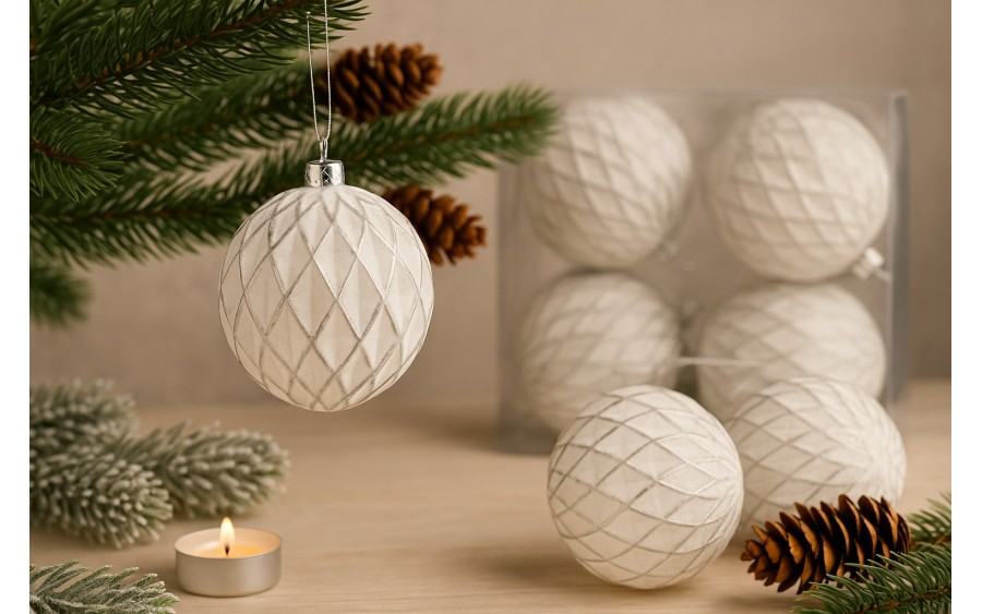 Komplet bombek 6 szt. biało-srebrny 10 cm 156709
