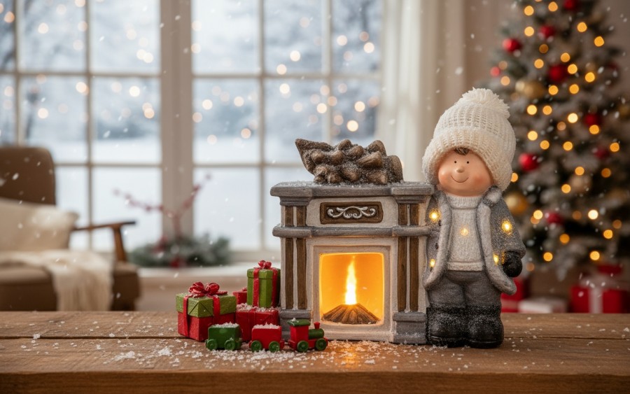 Figurka świąteczna Kominek Chłopiec świecący LED H35 cm