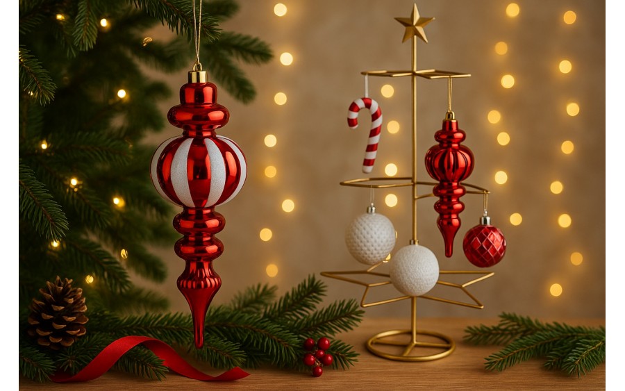 Bombka sopel 30 cm czerwono-biała plastikowa