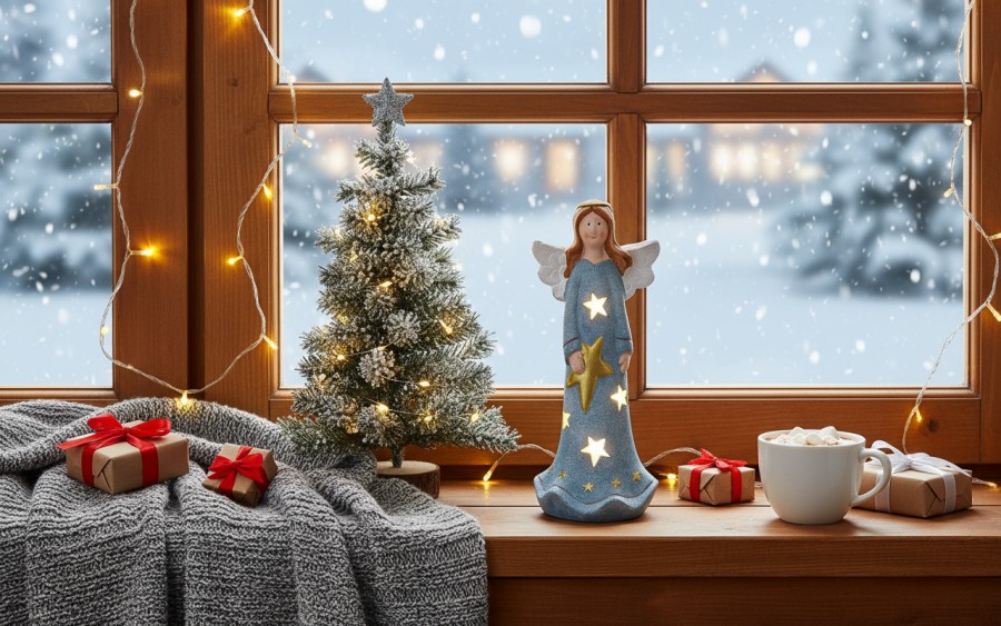 Figurka ozdobna świecąca Aniołek niebieski 19,5 cm