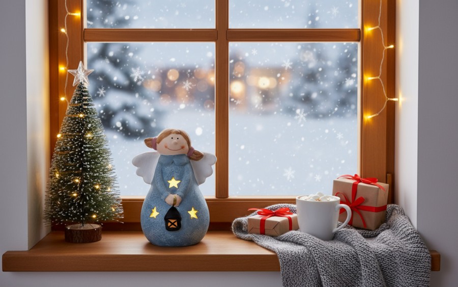 Figurka ozdobna świecąca Aniołek niebieski 19 cm