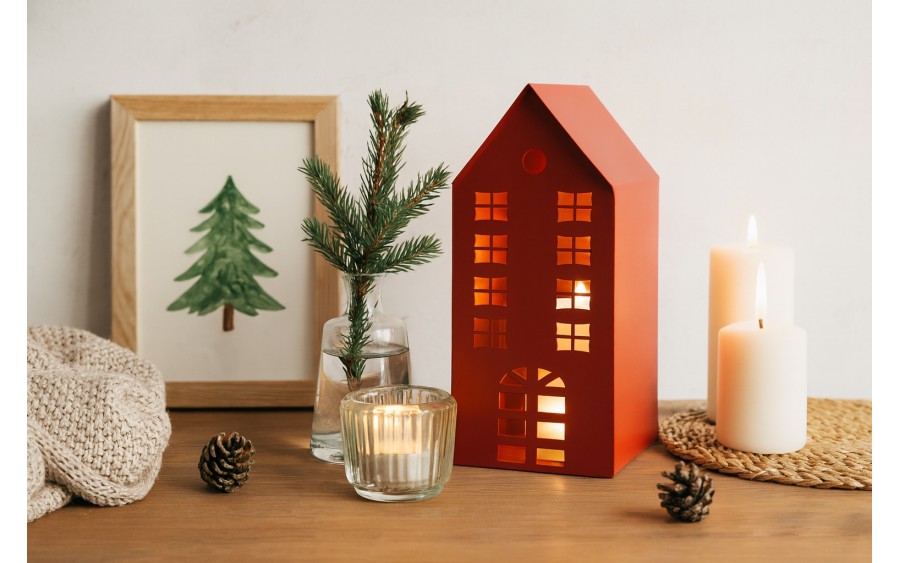 Ozdoba świąteczna domek 35,5 cm czerwony metal 7625