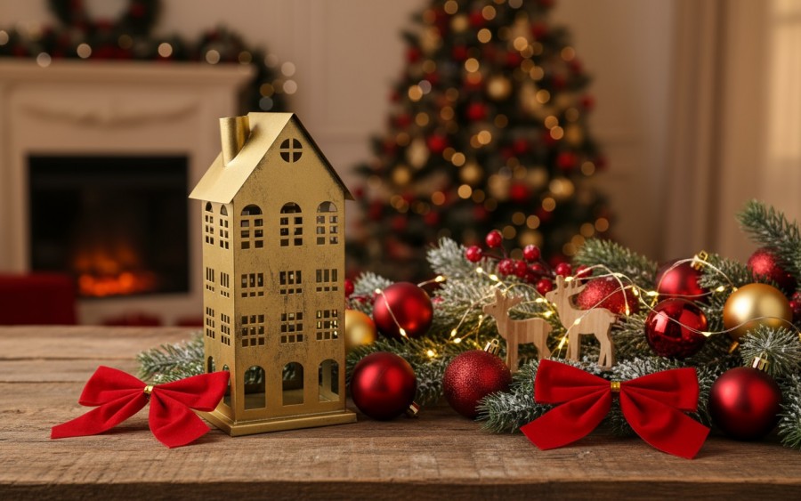 Ozdoba świąteczna domek 42,5 cm złoty metal 8716