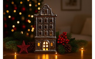 Ceramiczna ozdoba Kamieniczka LED świecąca srebrna duża 20 cm