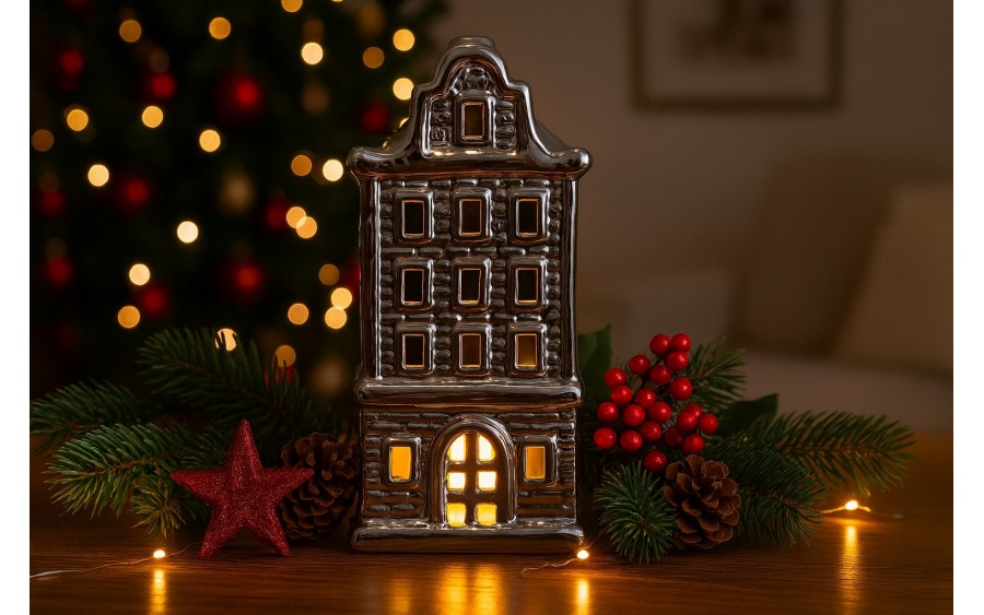 Ceramiczna ozdoba Kamieniczka LED świecąca srebrna duża 20 cm