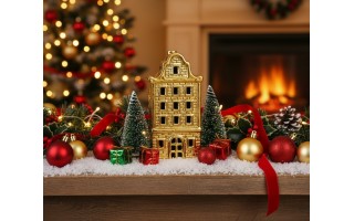 Ceramiczna ozdoba Kamieniczka LED świecąca złota duża 20 cm