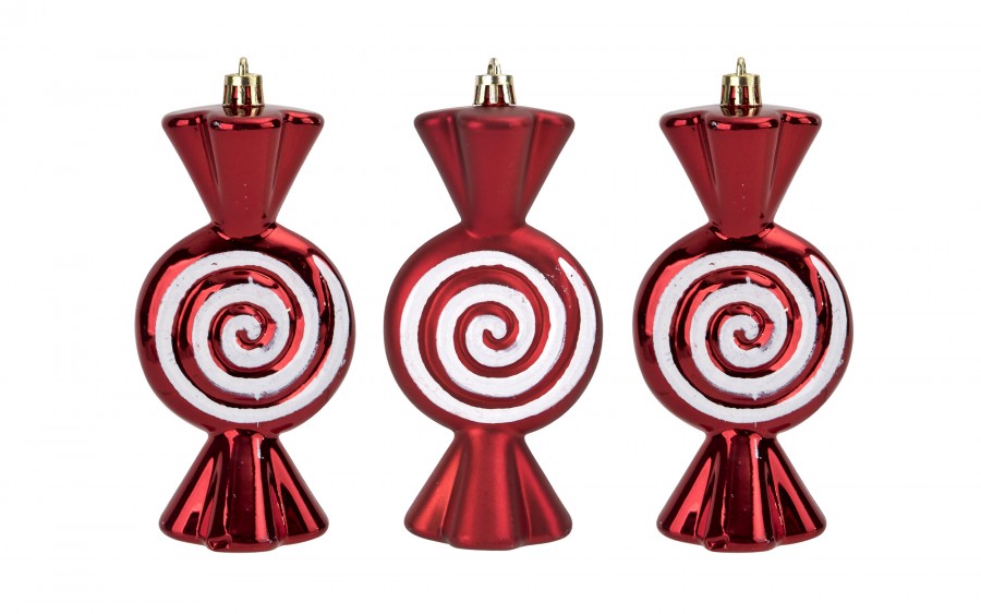 Komplet 3 bombek Cukierek czerwono-biały 9020
