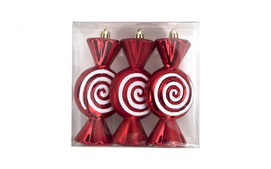 Komplet 3 bombek Cukierek czerwono-biały 9020