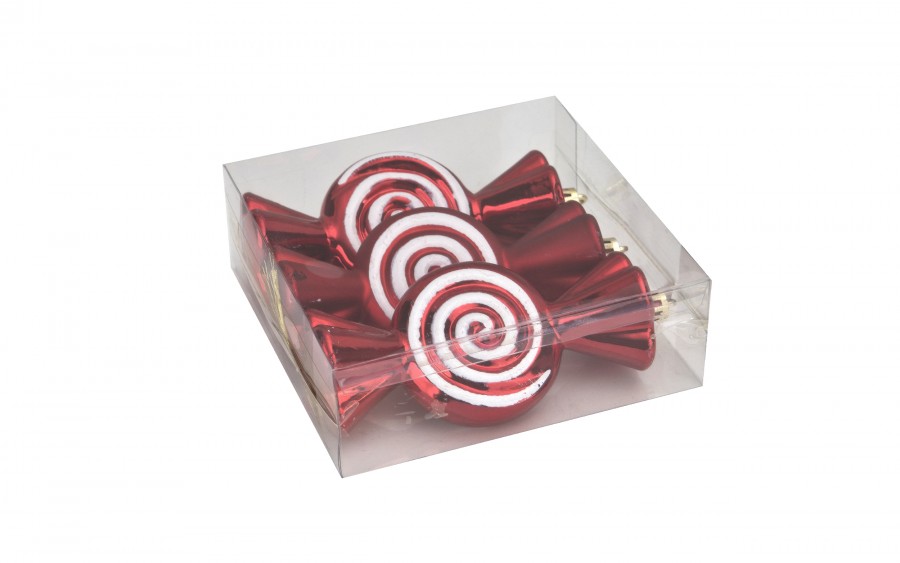 Komplet 3 bombek Cukierek czerwono-biały 9020