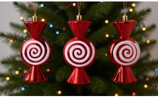 Komplet 3 bombek Cukierek czerwono-biały 9020