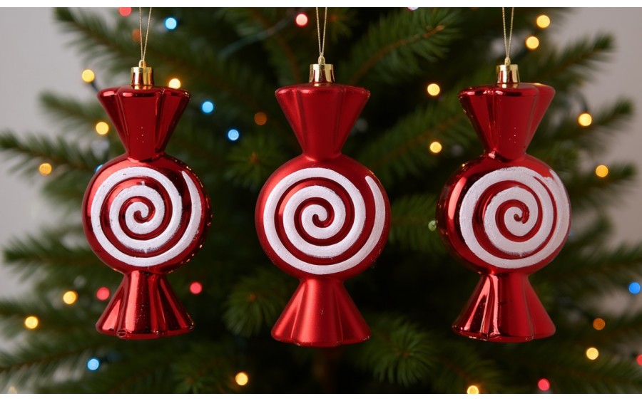 Komplet 3 bombek Cukierek czerwono-biały 9020