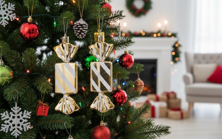 Komplet 3 bombek Cukierek złoto-biały 8526