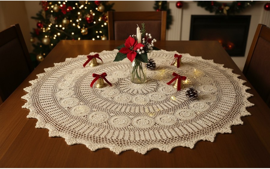 Obrus koronkowy okrągły 150 cm ecru – wzór ażurowy