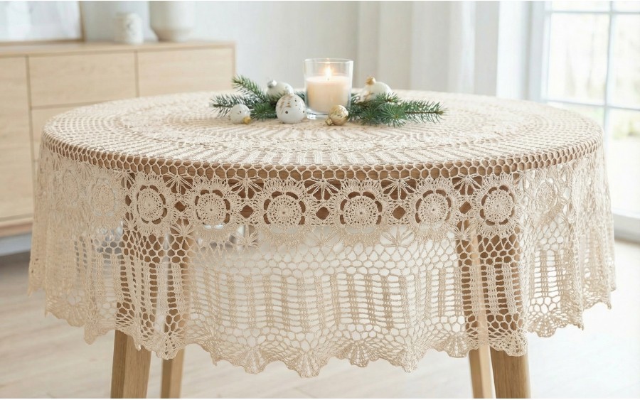 Obrus koronkowy okrągły 170 cm ecru – wzór ażurowy