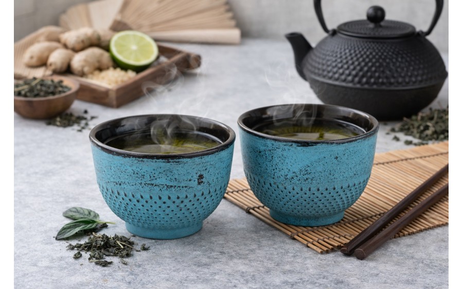 Żeliwny zestaw 2 czarek do herbaty turkus Japanese