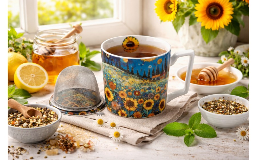 Kubek porcelanowy 450 ml z zaparzaczem Modern Sunflower Field