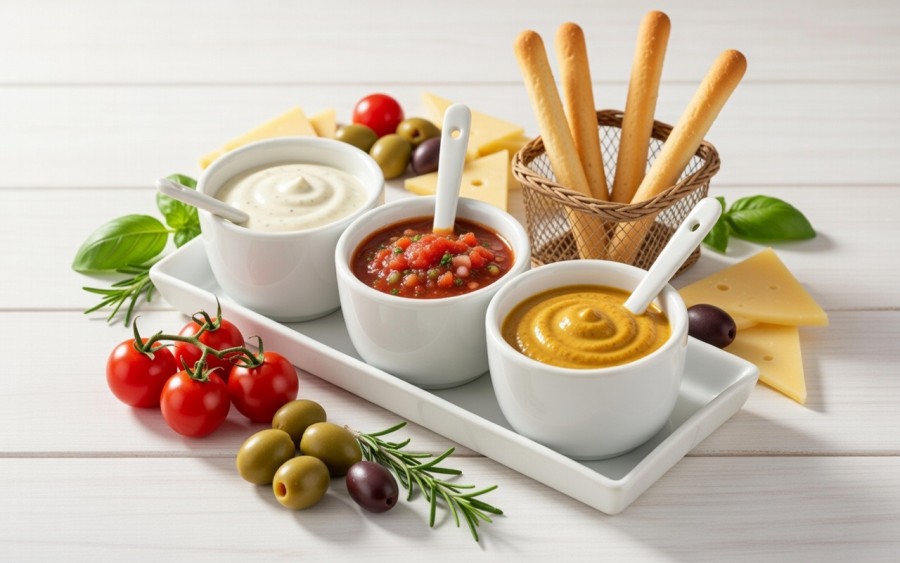 Biały zestaw ceramiczny do dipów taca + 3 miski