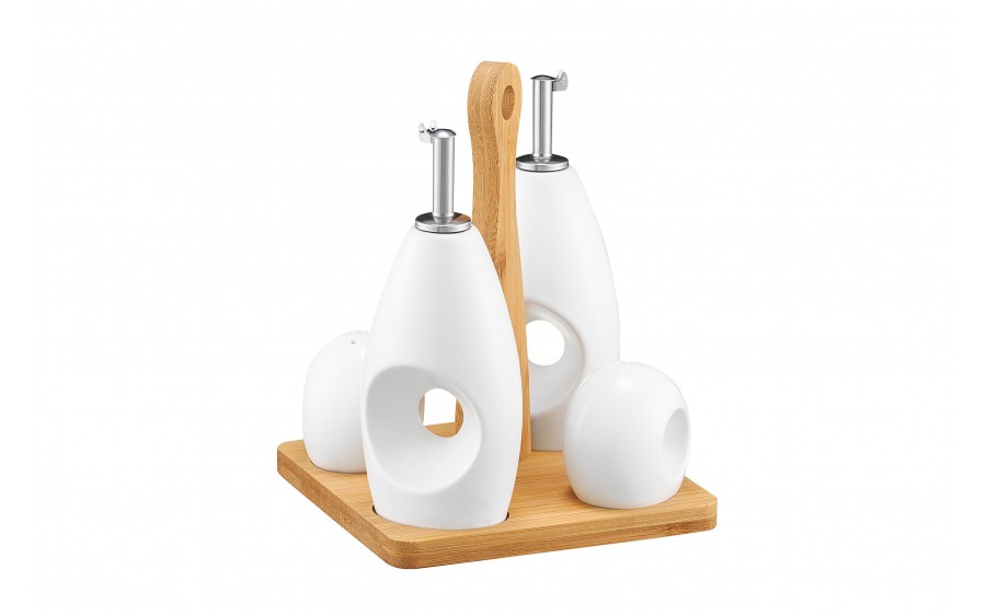 Zestaw przyprawników na podstawie bambusowej Natural biały z uchwytem AMBITION