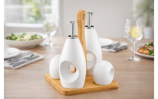 Zestaw przyprawników na podstawie bambusowej Natural biały z uchwytem AMBITION