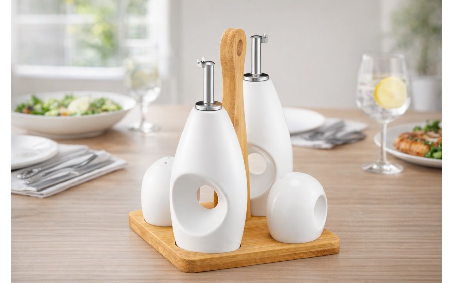 Zestaw przyprawników na podstawie bambusowej Natural biały z uchwytem AMBITION