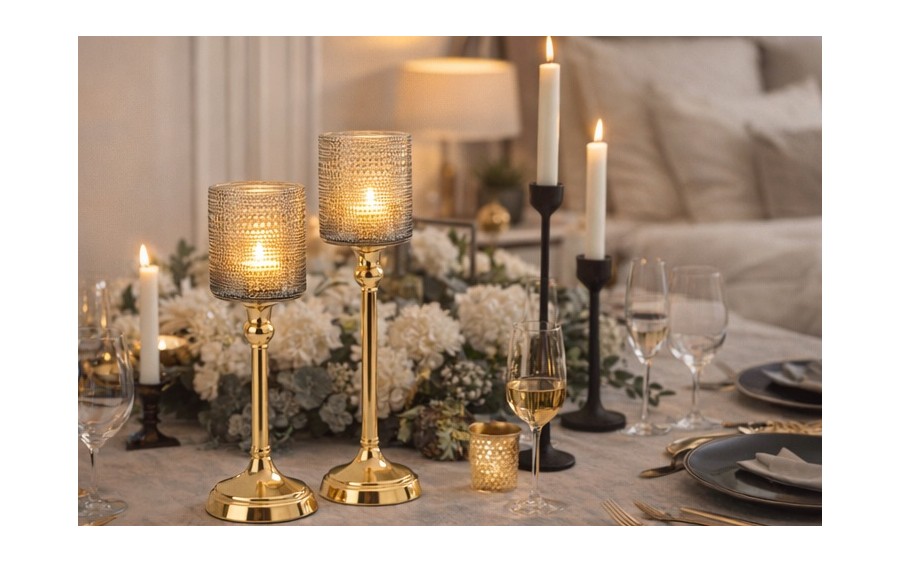 Kielichowy świecznik szklany Dekor-Pap CX0918, szaro złoty, 41 cm