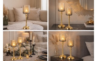 Kielichowy świecznik szklany Dekor-Pap CX0918, szaro złoty, 41 cm