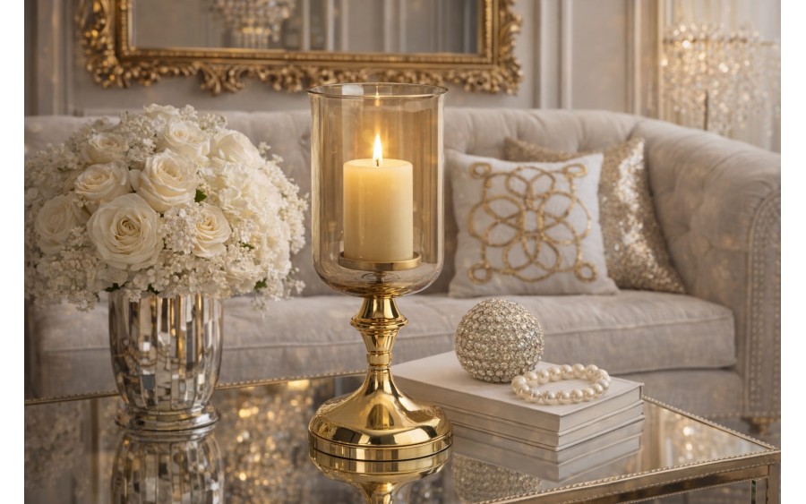 Świecznik szklany 14x14x28 cm złoty bursztynowy