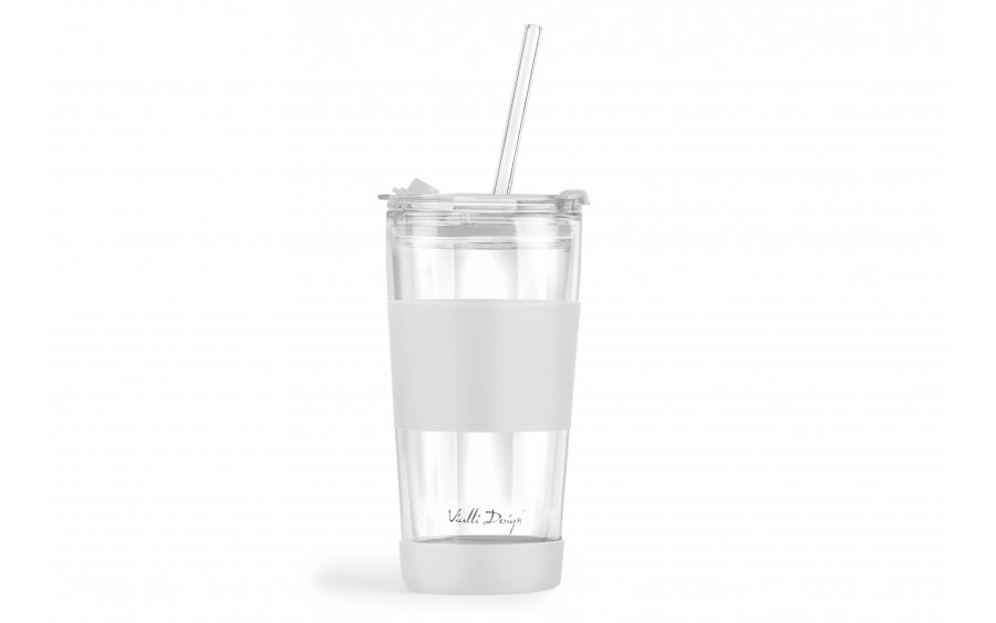 Kubek termiczny szklany ze słomką 600 ml biały Fuori 30404