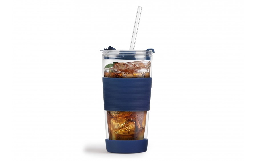 Kubek termiczny szklany ze słomką 600 ml granatowy Fuori 30381