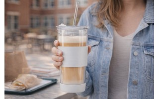 Kubek termiczny szklany ze słomką 600 ml biały Fuori 30404